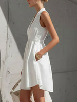 Women's Retro Sleeveless V-neck White Cotton-linen A-line Dress