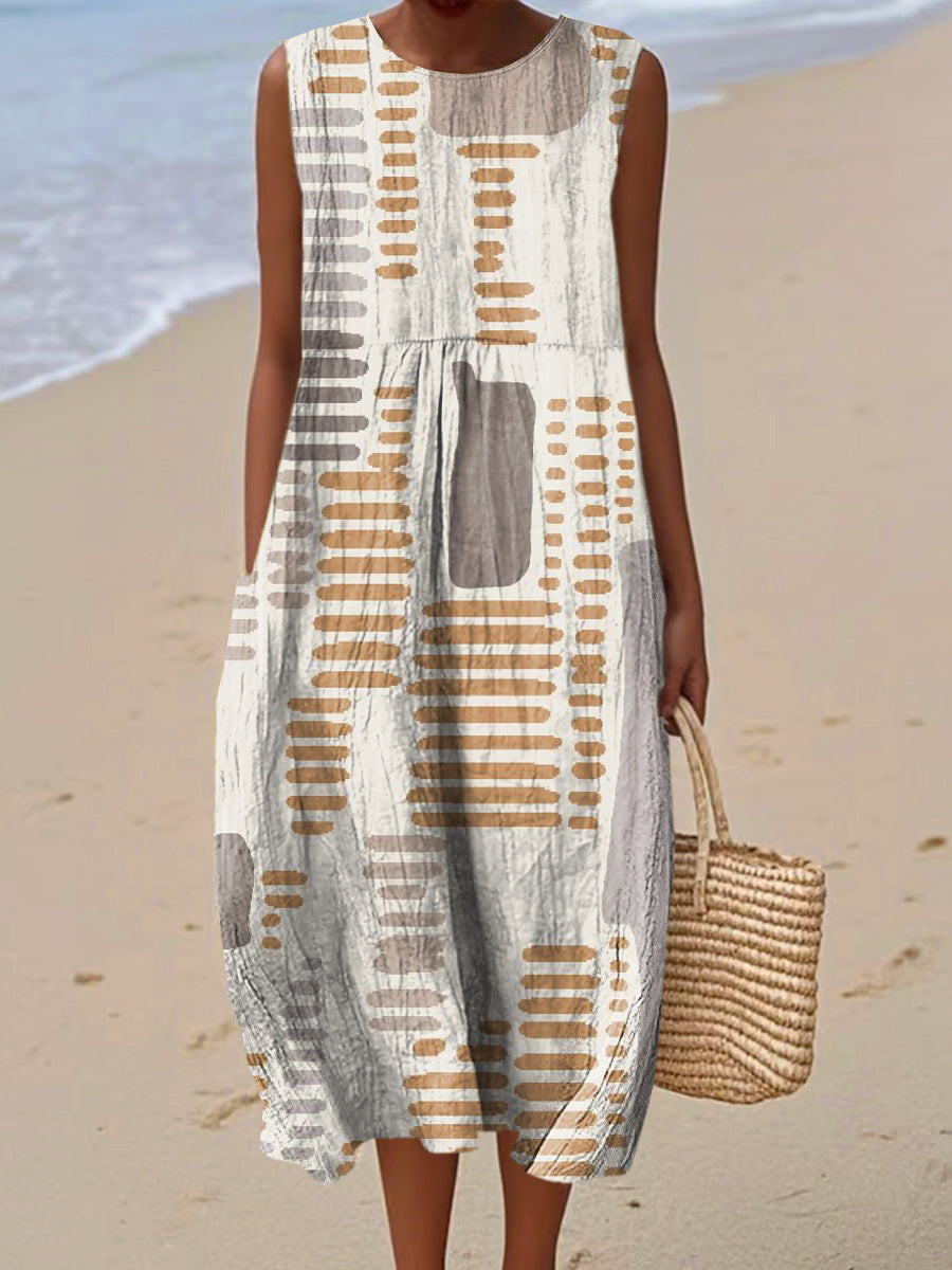 Women's Vintage Geometry Art Print Sleeveless Cotton Pocket Wrap Dress