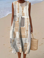 Women's Vintage Geometry Art Print Sleeveless Cotton Pocket Wrap Dress