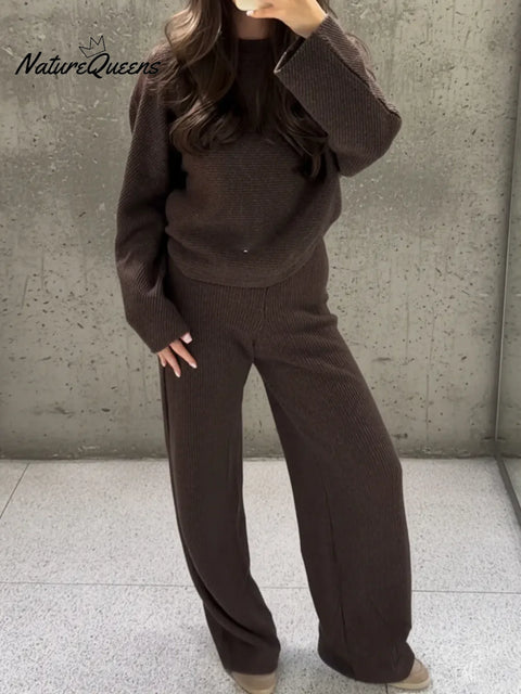 Cozy Solid Color Knit Top And Wide-leg Pants Two-piece Set