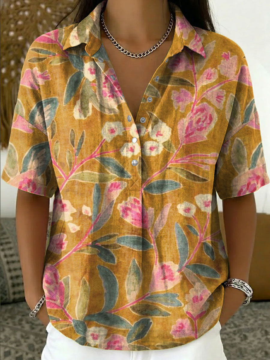 Women's Vintage Botanical Floral Casual Polo Collar Short-sleeved Linen And Cotton Shirt