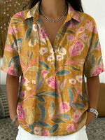 Women's Vintage Botanical Floral Casual Polo Collar Short-sleeved Linen And Cotton Shirt