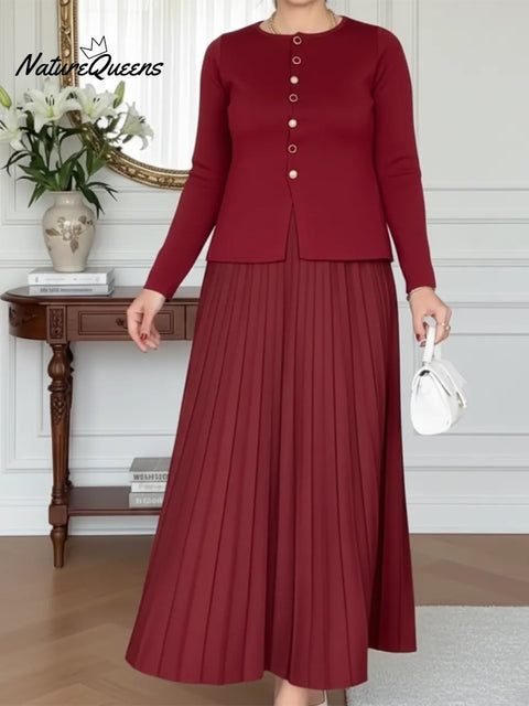 Elegant Knit Top With Metallic Buttons And Pleated Skirt Two-piece Set