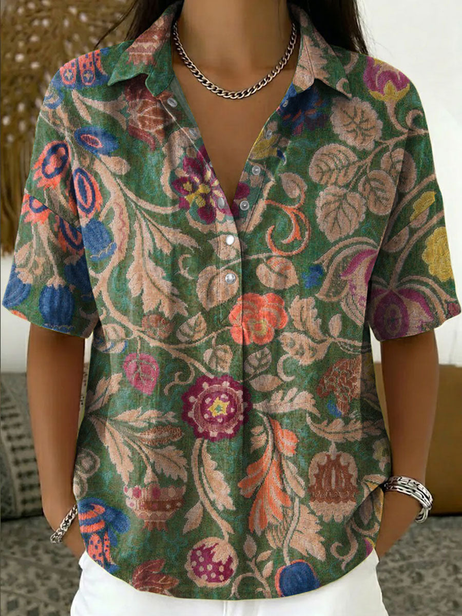 Women's Vintage Botanical Floral Casual Polo Collar Short-sleeved Linen And Cotton Shirt