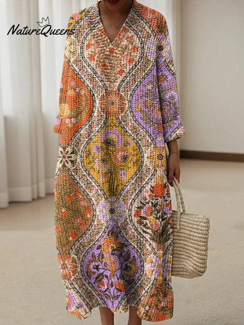 Symmetrical Artistic Patterns Print Knitted V-neck Dress