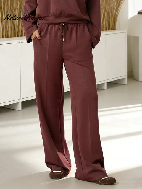Women's Solid Color High-waisted Drawstring Wide-leg Casual Pants
