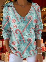 Women's Christmas Sugar Cane Snowflake Pattern Art Print V-neck Solid Color Loose Shiny Sweater