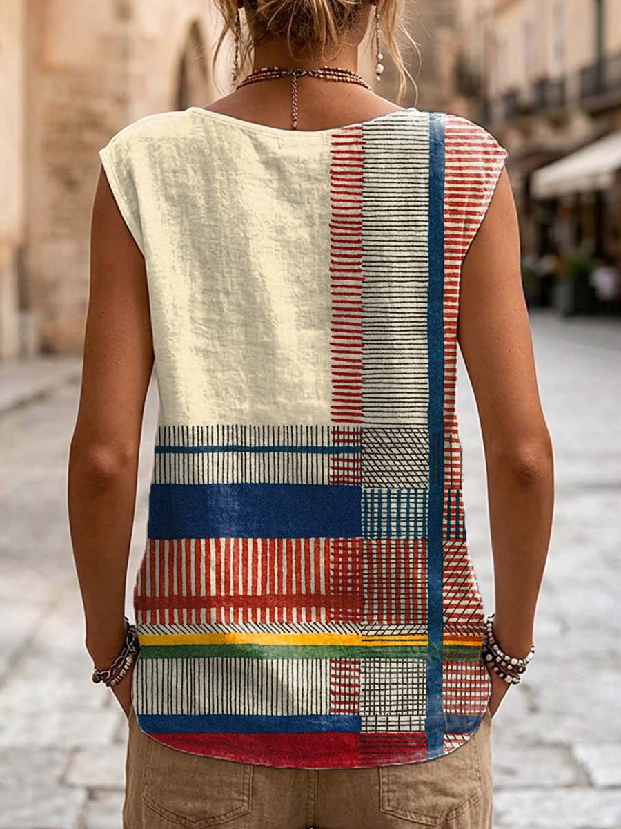 Women's Retro Geometric Line Pattern Art Print Casual Sleeveless Cotton Shirt