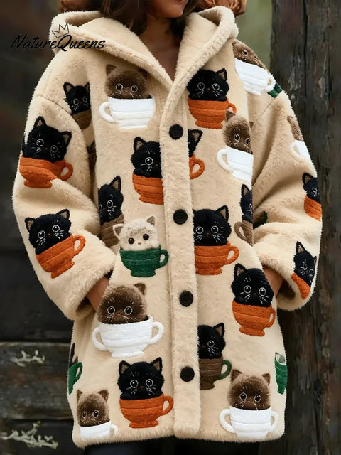 Women's Funny Cats Pattern Art Print Casual Fleece Coat