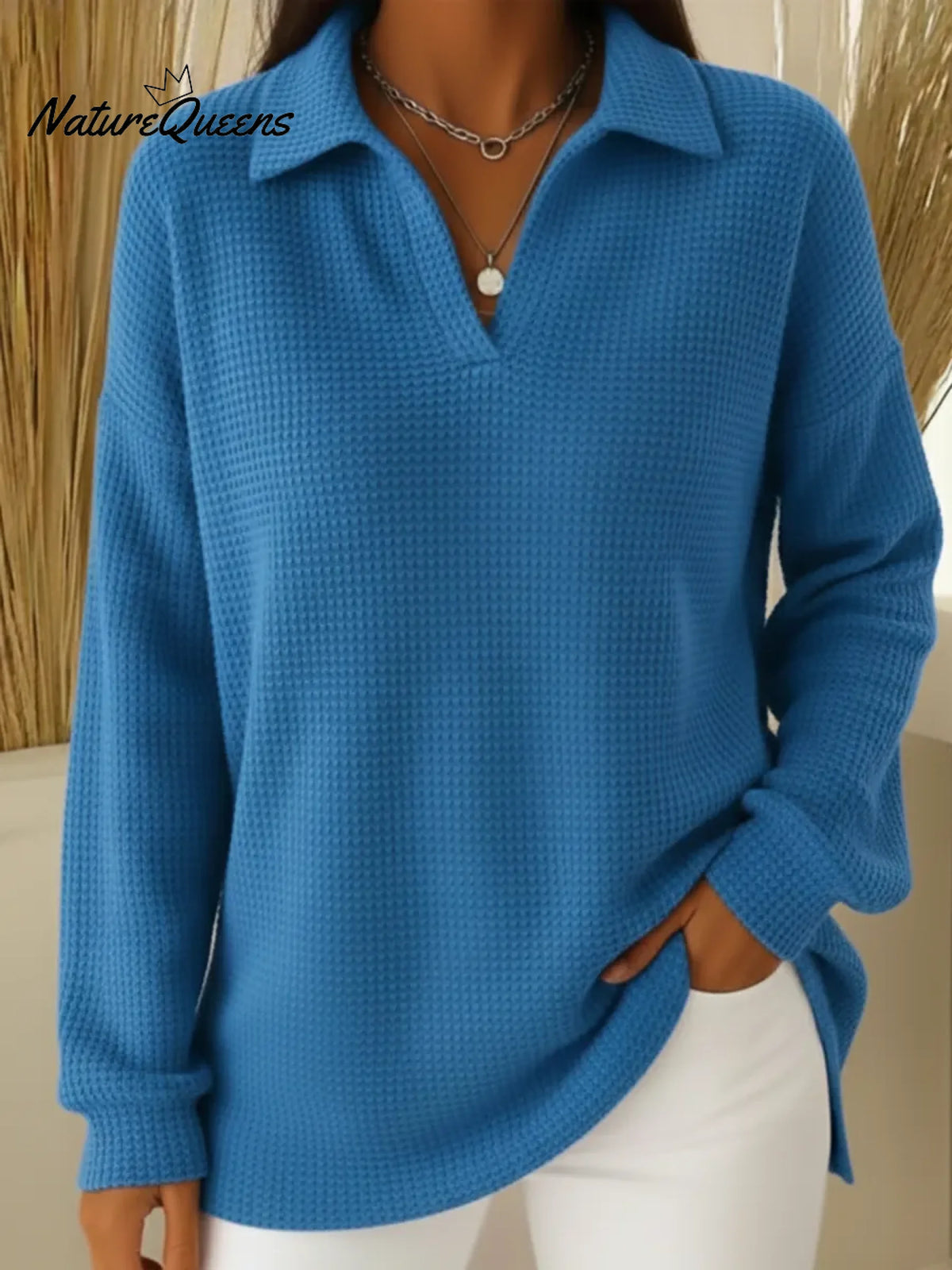 Casual Solid Color Waffle Knit Polo Collar Sweatshirt