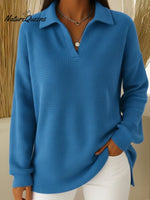 Casual Solid Color Waffle Knit Polo Collar Sweatshirt