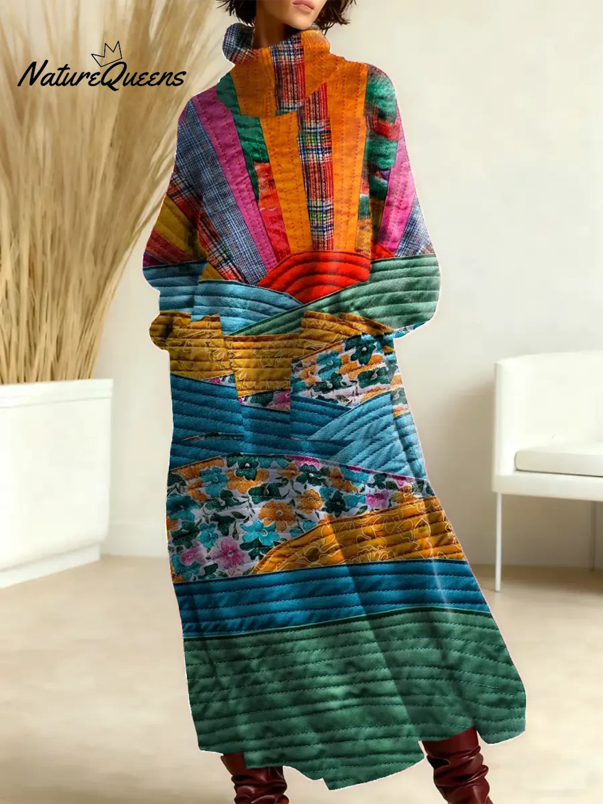 Women's Vintage Hippie Sunshine Pattern Art Print Casual Cotton Knitted Dress