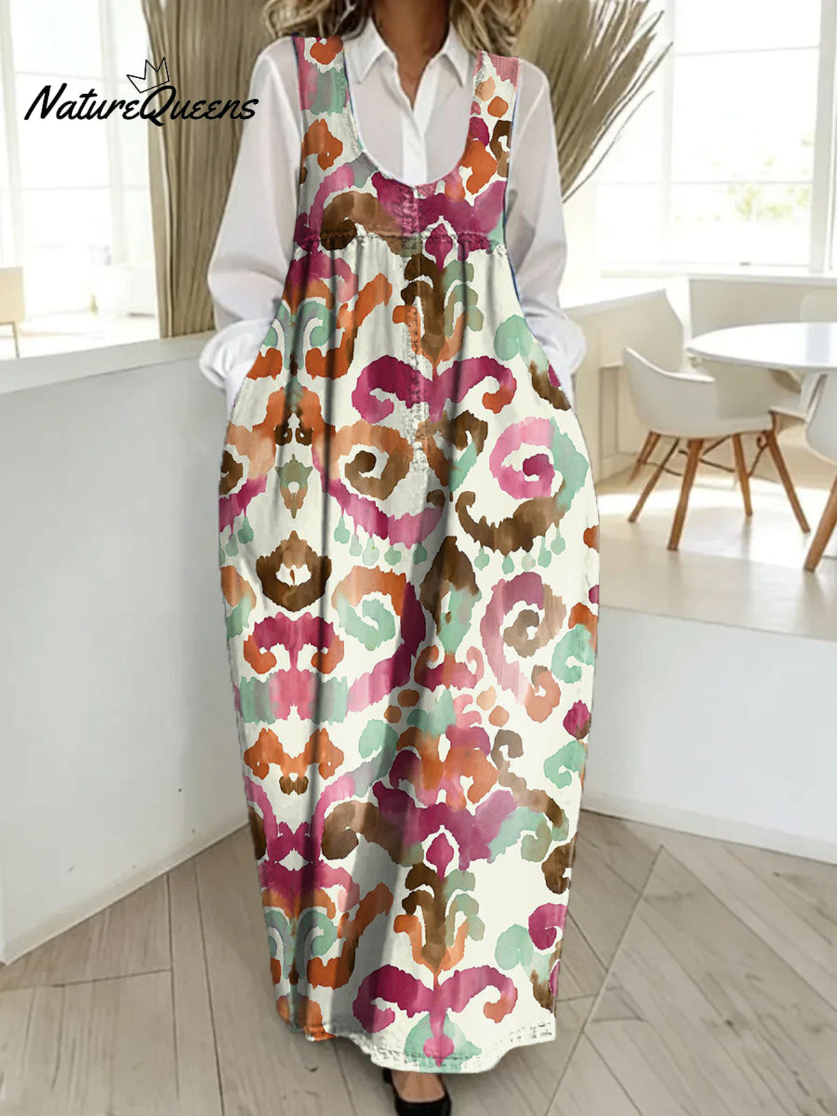 Women's Retro Colorful Pattern Art Print Casual Cotton Denim Dress