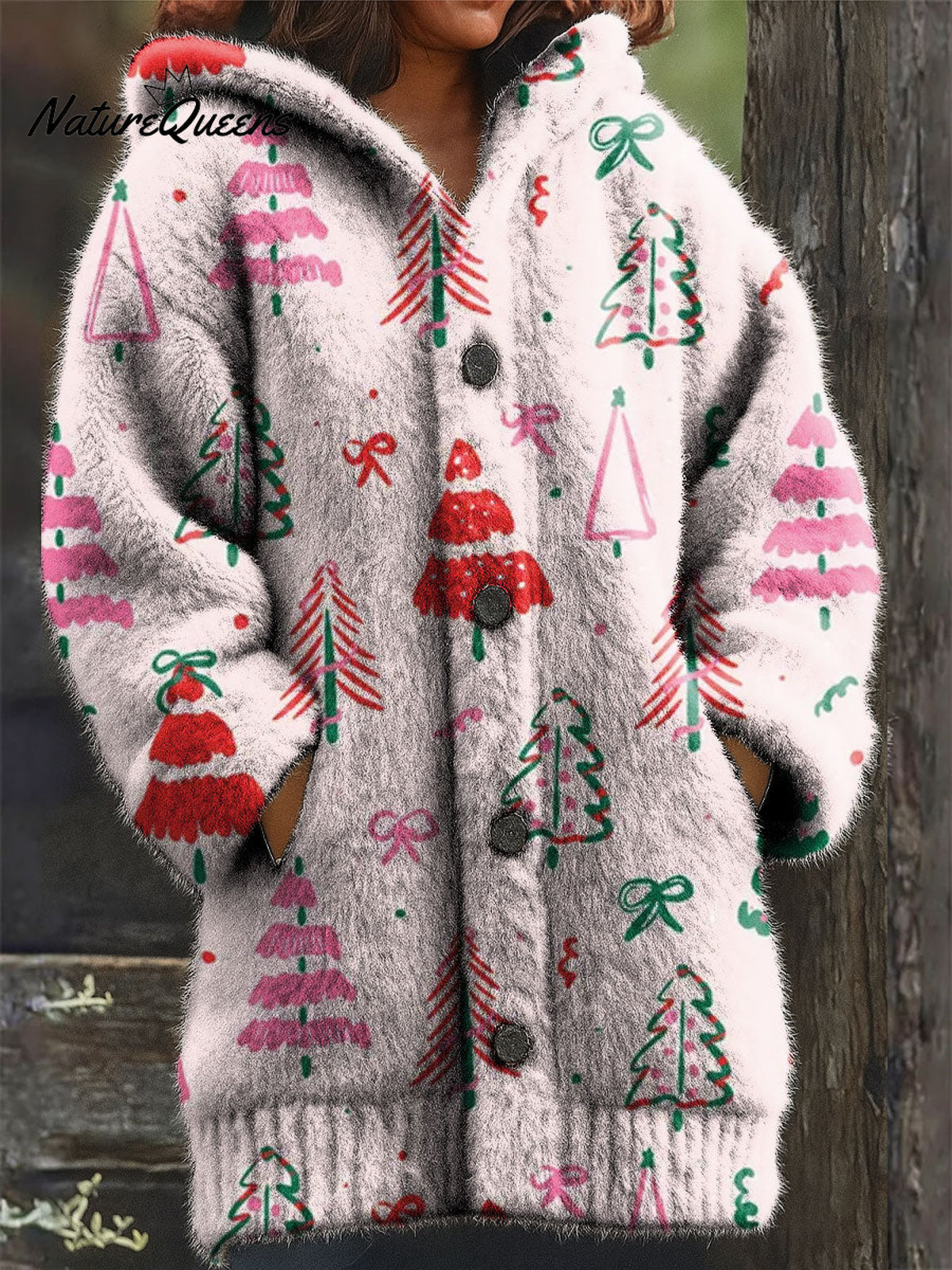 Women's Christmas Trees Pink Pattern Art Print Casual Plush Warm Coat
