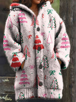 Women's Christmas Trees Pink Pattern Art Print Casual Plush Warm Coat