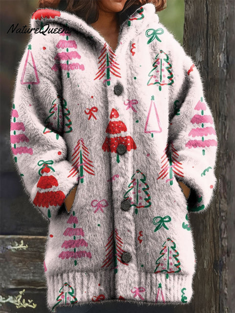 Women's Christmas Trees Pink Pattern Art Print Casual Plush Warm Coat