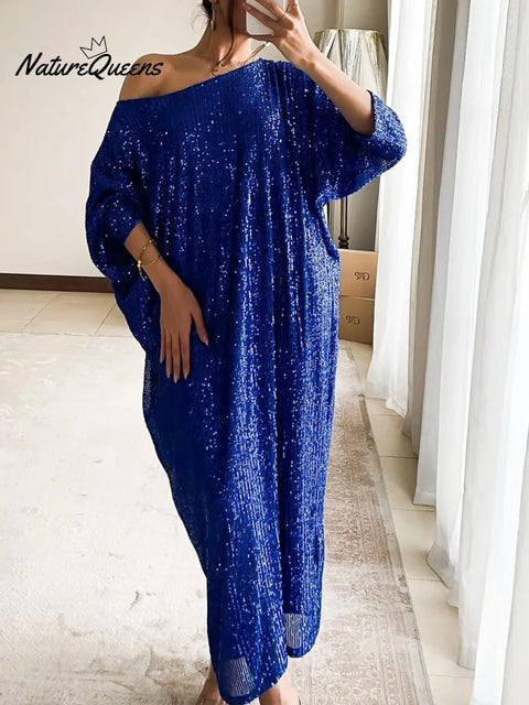 Women's Christmas Sparkling Horizontal Neck Loose Dress