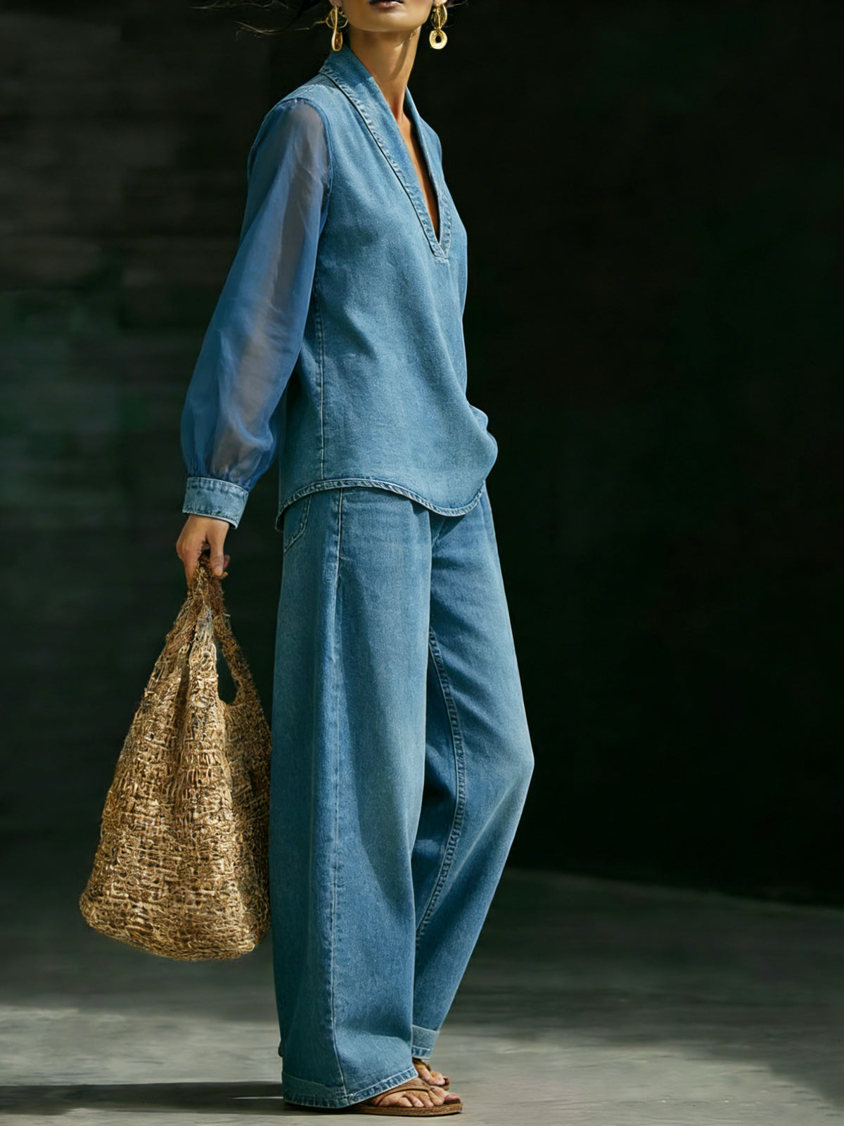 Elegant Stylish Mesh Sleeves Top Denim Two-piece Set