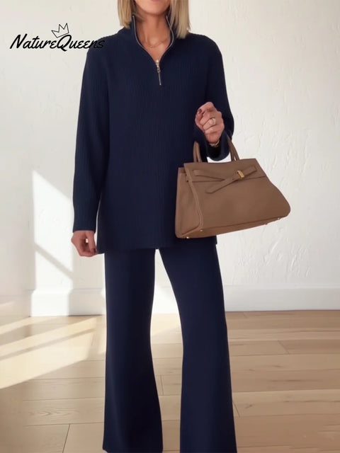 Cozy Travel Daily Zip-Up Knit Top and Pants Two-Piece Set