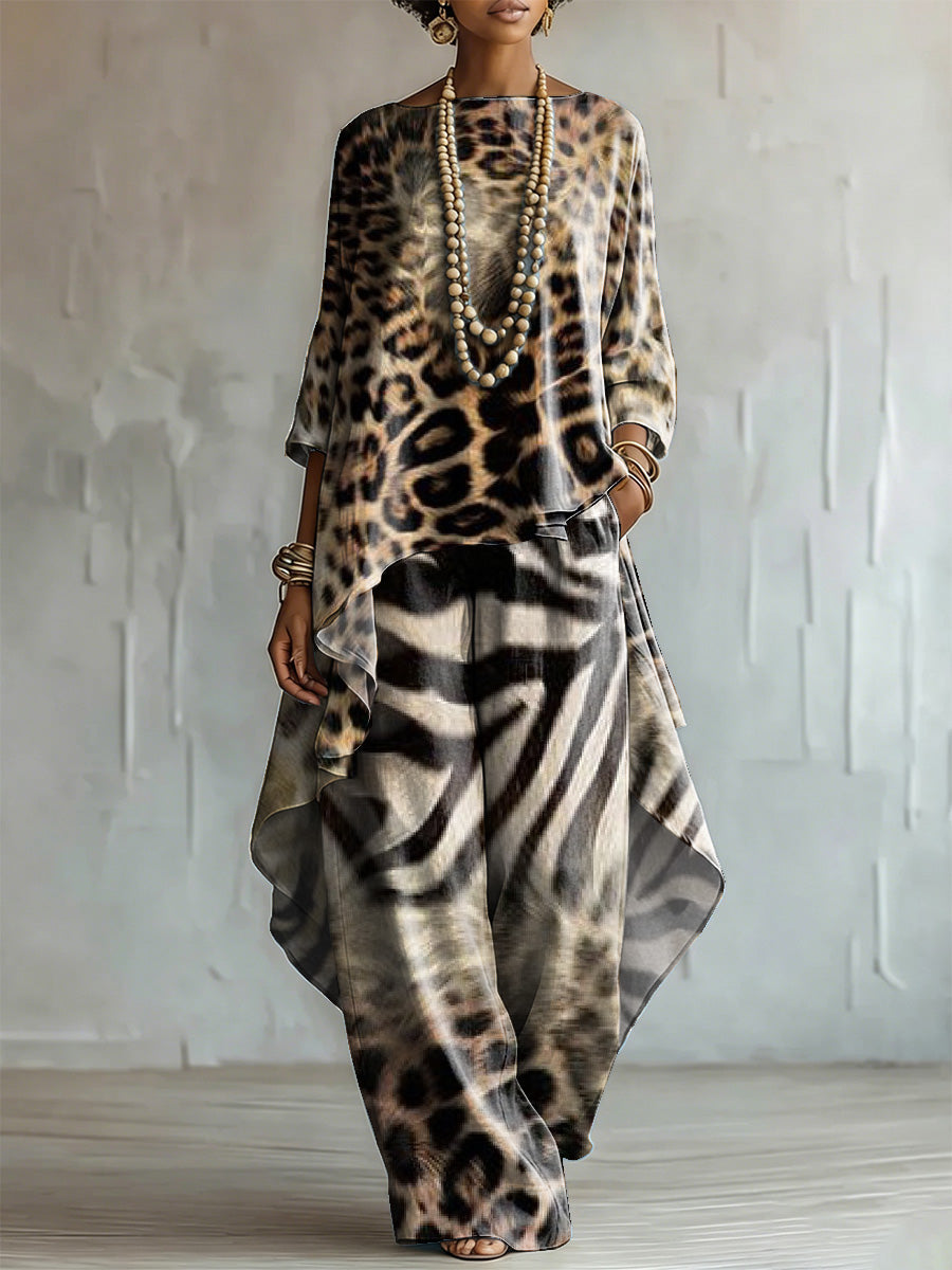 Loose-fit Leopard Print Cotton-linen Top + Wide-leg Pants Set