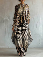 Loose-fit Leopard Print Cotton-linen Top + Wide-leg Pants Set