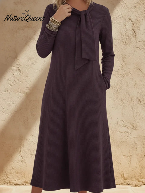 Elegant Ribbon Tie-neck Knit Midi Dress