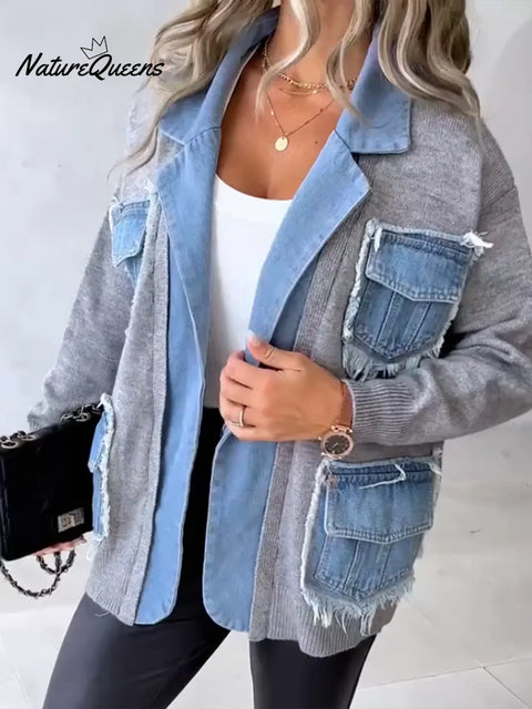 Women's Casual Knit Patchwork Denim Cotton Jacket