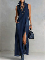 Casual Sleeveless Denim Dress With Slit