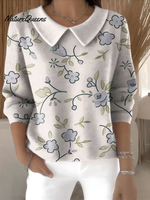 Cute And Elegant Floral Decorative Patterns Women's Casual Peter Pan Collar 3/4 Sleeve Sweater