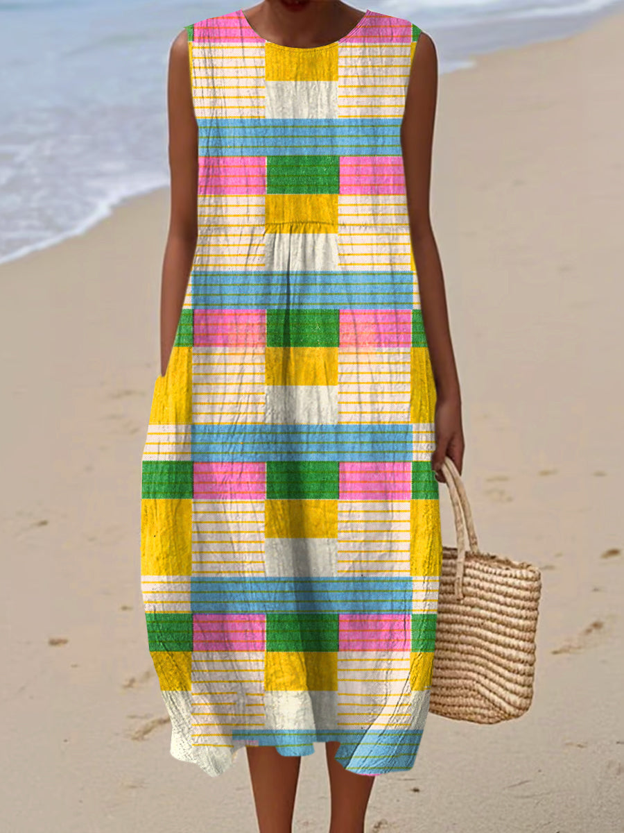 Women's Vintage Geometry Art Print Sleeveless Cotton Pocket Wrap Dress