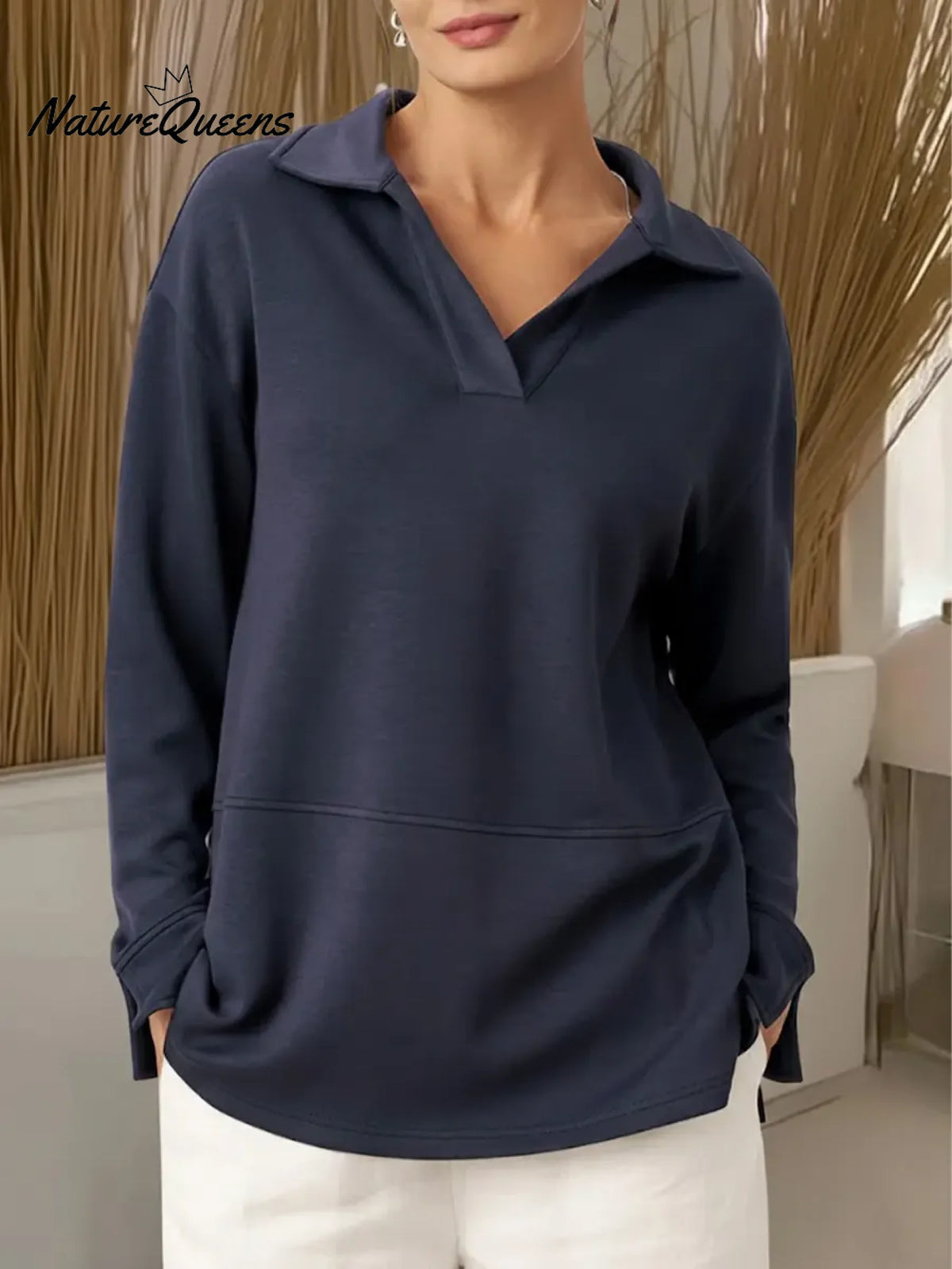 Women's Solid Color V-neck Long-sleeved Casual Loose Sweatshirt
