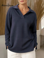 Women's Solid Color V-neck Long-sleeved Casual Loose Sweatshirt