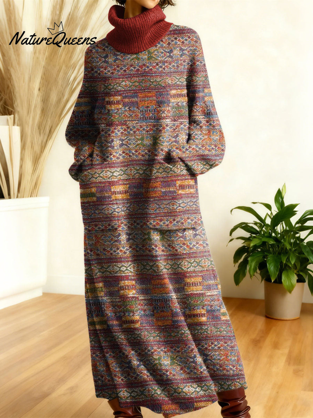 Women's Retro Geometry Colorful Square Stripe Art High-neck Long-sleeve Casual Loose Knit Dress
