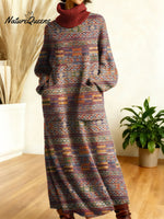 Women's Retro Geometry Colorful Square Stripe Art High-neck Long-sleeve Casual Loose Knit Dress