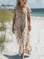 Women's Floral Art Print Casual Cotton And Linen Dress