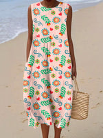 Women's Vintage Flower Art Print Sleeveless Cotton Pocket Wrap Dress
