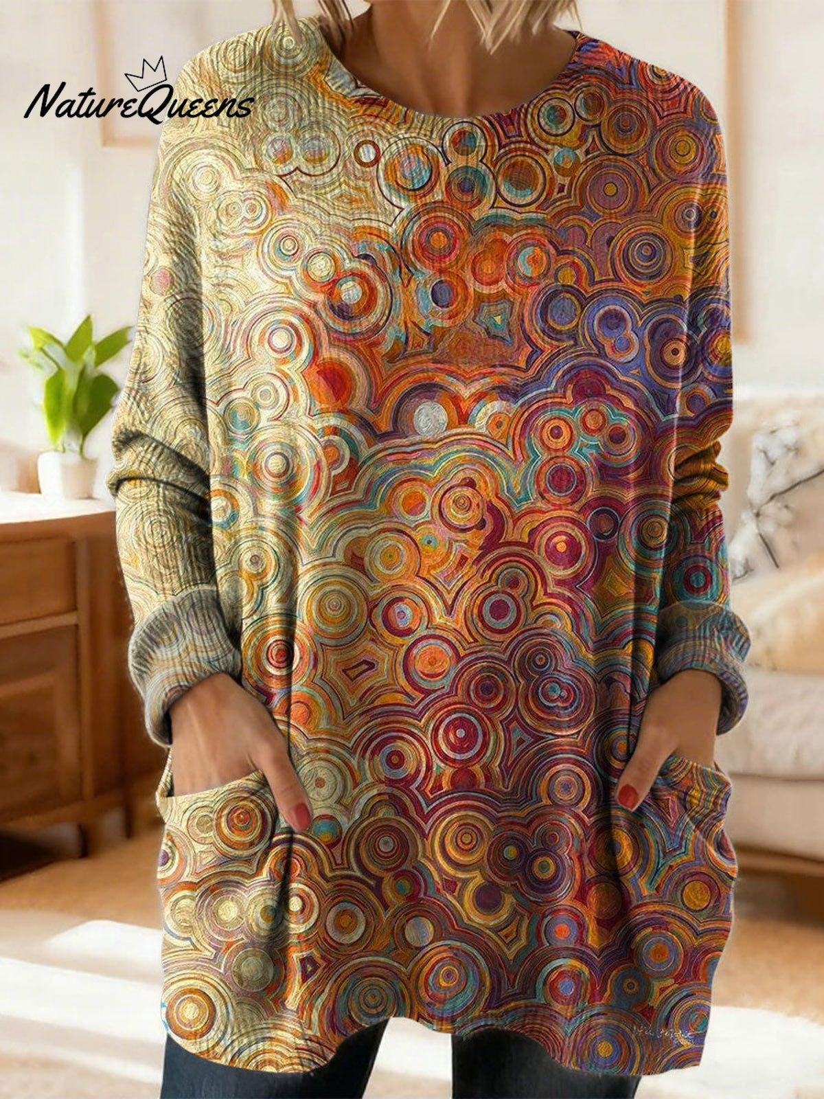 Women's Retro Abstract Pattern Art Print Casual Cotton Knitted Sweater