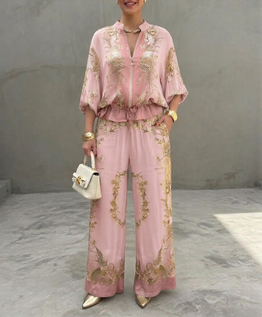 Stylish & Casual Retro-print Two-piece Set: Zip-up Top And Pants
