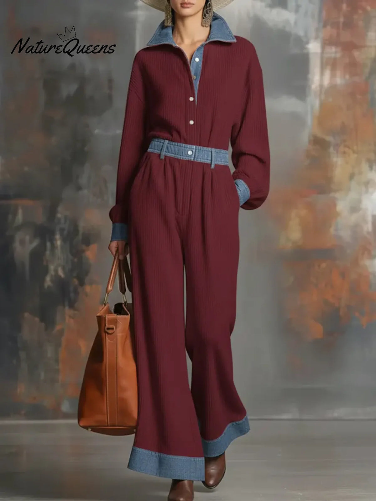 Women's Solid Color Denim Patchwork Shirt Collar Long Sleeve Casual Loose Knit Jumpsuit