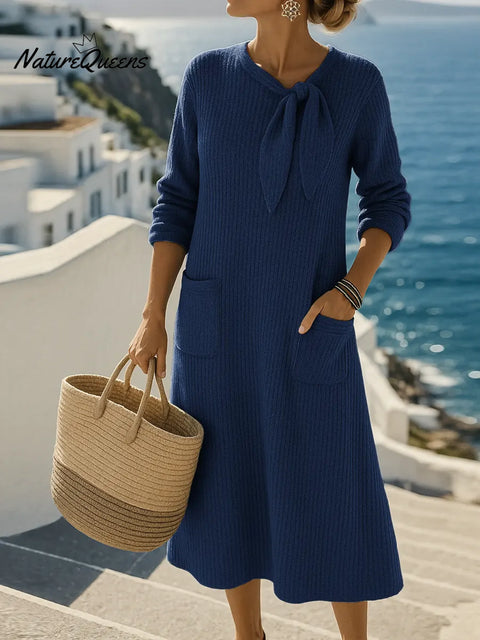 Women's Solid Color Round Neck Tie Long Sleeve A-line Knit Dress