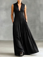 Women's Solid Color Lapel Sleeveless Casual Loose Cotton Dress