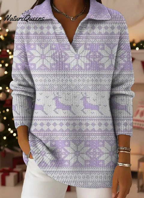 Women's Christmas Deer Pattern Art Print Casual Cotton Sweater