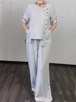 Women's Cozy Striped Linen And Cotton Top And Pants Two-piece Set.