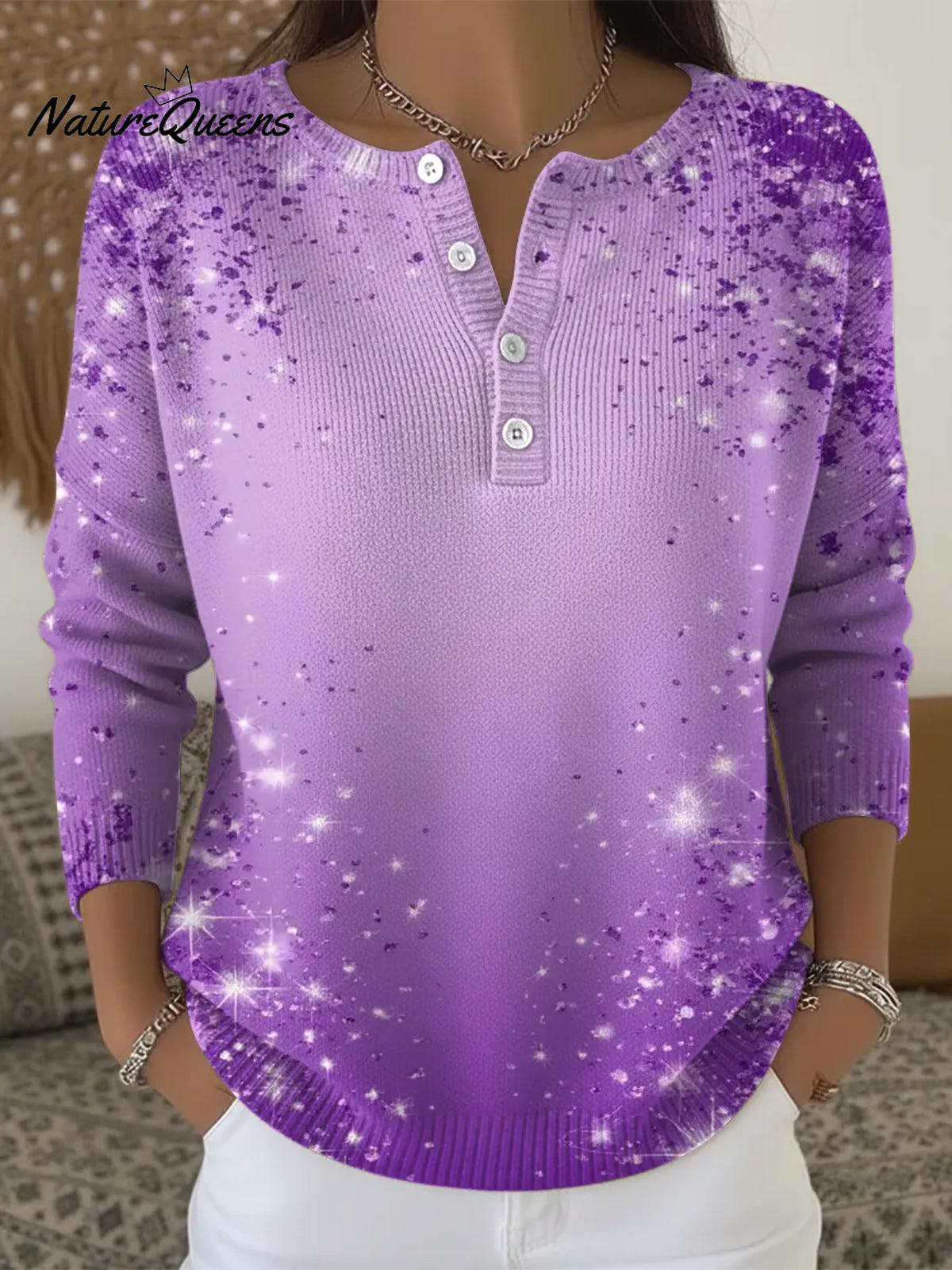 Women's Purple Shiny Casual Printed Sweater