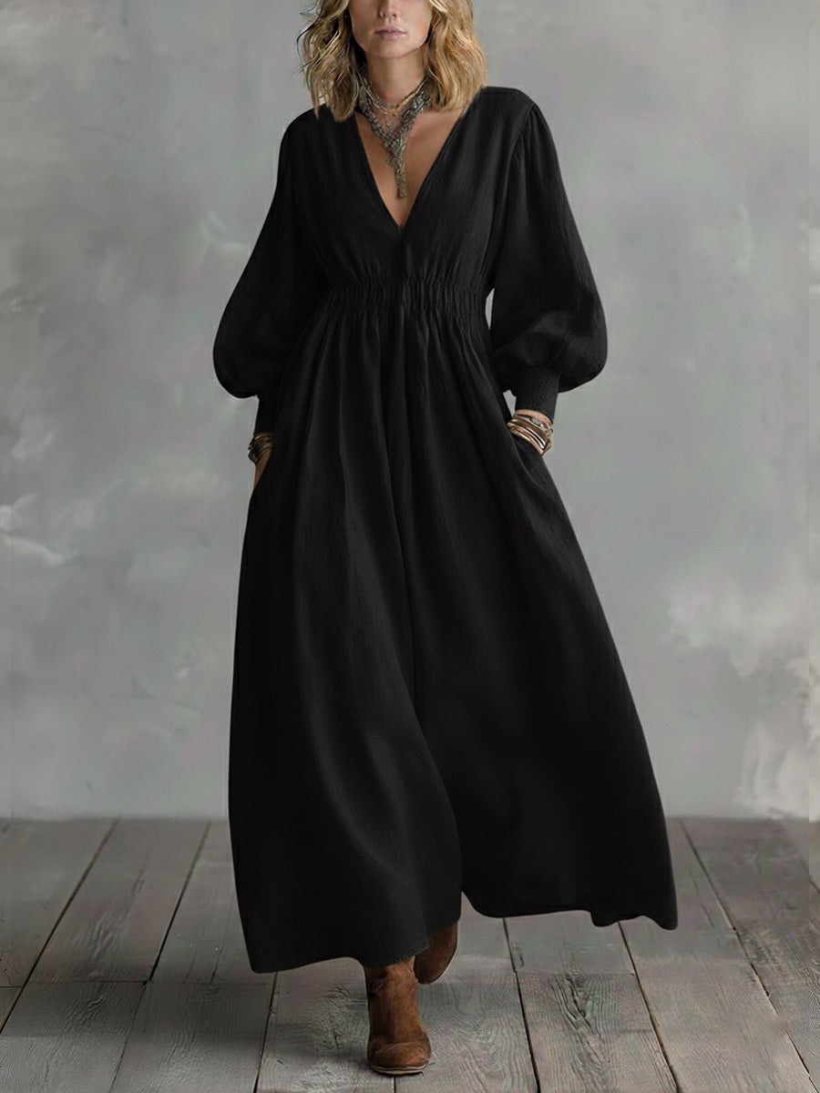 Waist-elastic Linen And Cotton Lantern-sleeved Dress