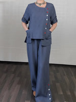 Women's Cozy Striped Linen And Cotton Top And Pants Two-piece Set.