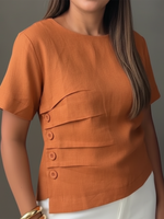 Casual Pleated Button Cotton And Linen Top