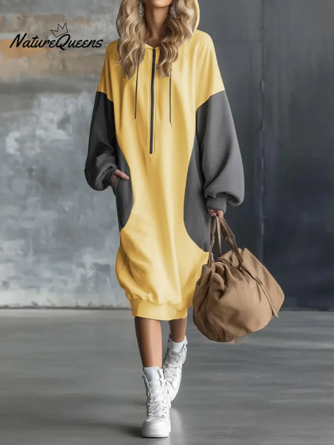 Women's Color-blocked Long-sleeved Hooded Dress