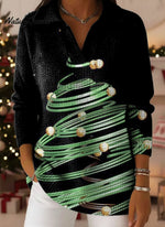 Christmas Trees Gradient Art Pattern Polo Collar Shiny Loose Sweater Top