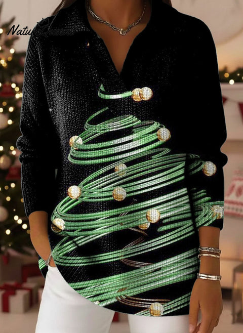 Christmas Trees Gradient Art Pattern Polo Collar Shiny Loose Sweater Top